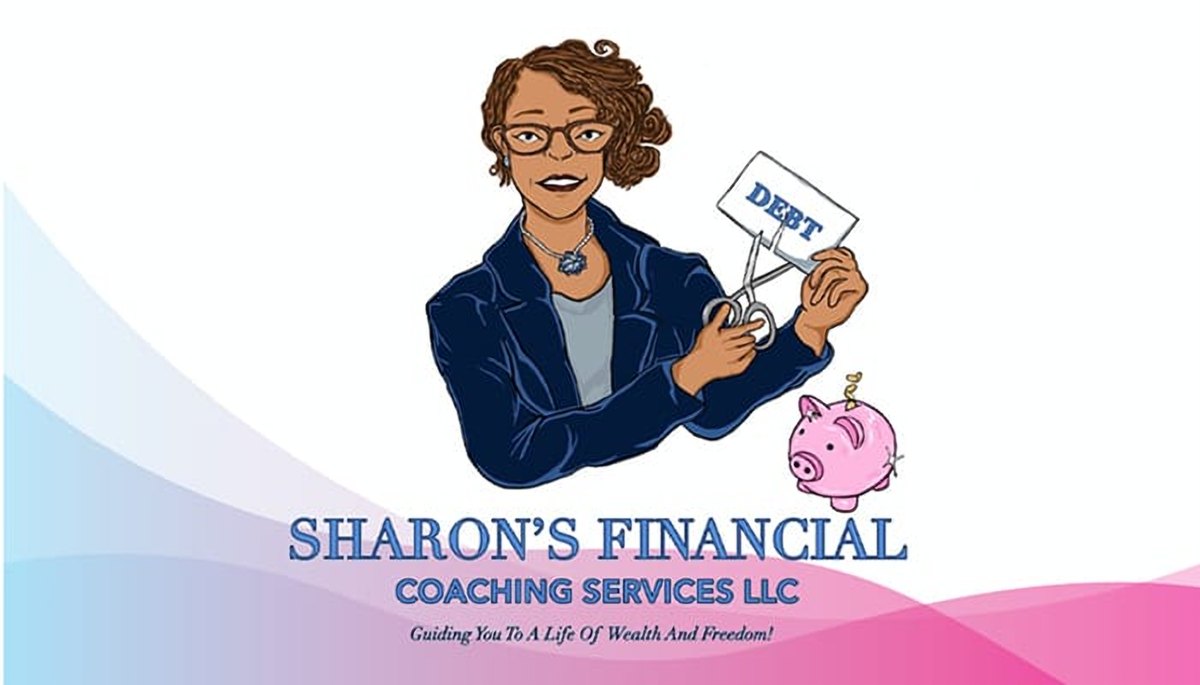 Sharon's Financial Coaching Services, LLC: an illustration of Sharon cutting up a card marked debt, beside a piggy bank